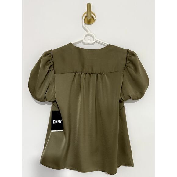 DKNY Olive Green Puff Sleeve V-Neck Fashion Blouse  XS NWT - Picture 2 of 10